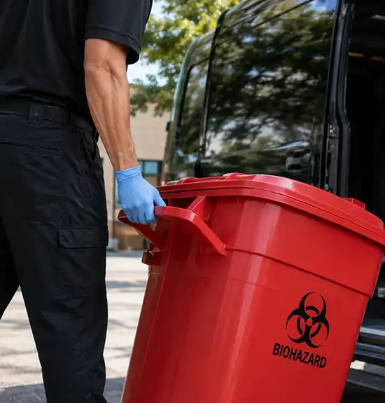 A person in a black uniform and blue medical glove pulls a large red biohazard waste bin toward a delivery van.