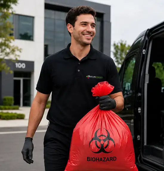 A smiling worker in a black uniform and gloves carries a red biohazard bag toward a van.