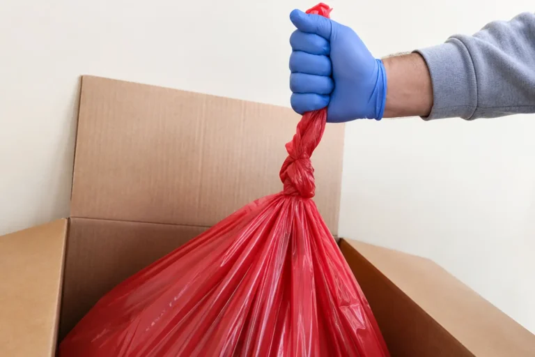 A hand wearing a blue nitrile glove holds the knotted top of a red plastic trash bag inside a cardboard box.
