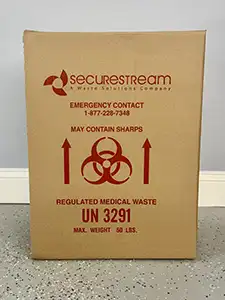 Medical Waste & Sharps Disposal Securestream regulated medical waste cardboard box with biohazard symbol, emergency contact number, and maximum weight of 50 lbs.