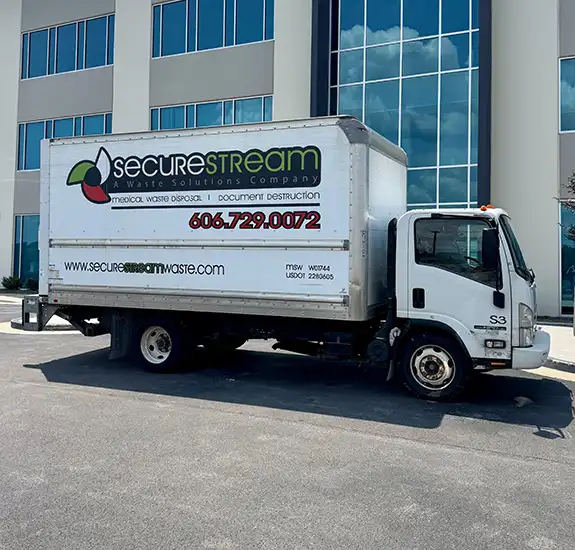 A SecureStream white box truck parked in front of an office building, displaying company branding, phone number, and website on its side.