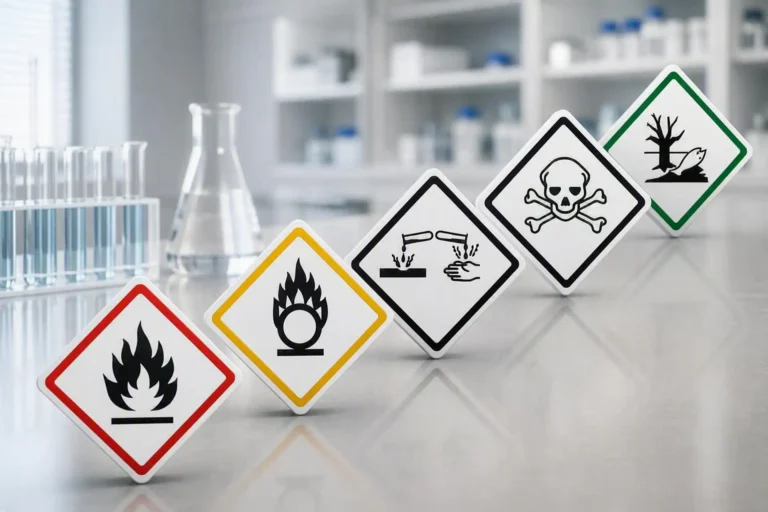 Five diamond-shaped chemical hazard warning signs displayed on a laboratory bench: flammable, oxidizing, corrosive, toxic, and environmental hazard.