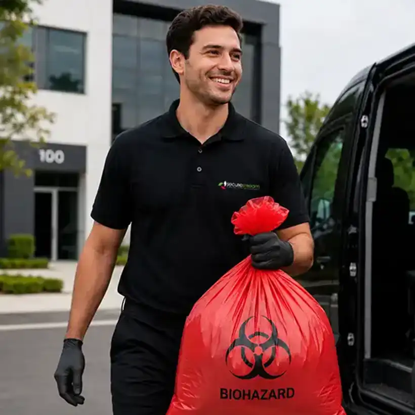 A smiling worker wearing black uniform and gloves carries a red biohazard bag toward a vehicle.
