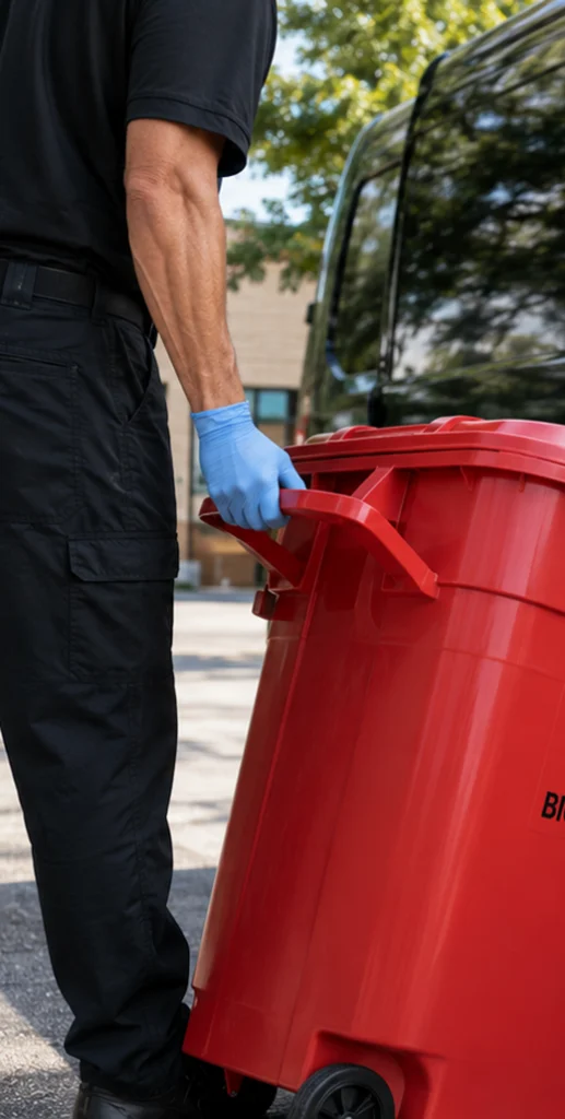 A person in a black uniform and blue medical gloves pulls a large red rolling waste bin.