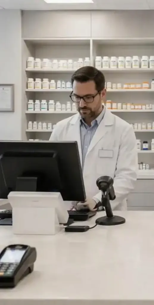 A pharmacist in a white coat working at a computer in a pharmacy with shelves of medicine bottles in the background.